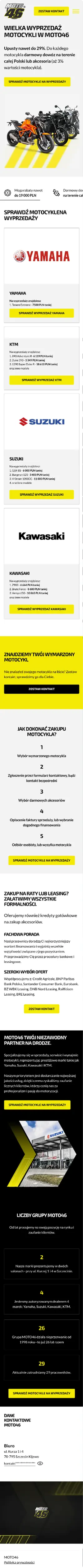 Strona promocyjna wielkiej wyprzedaż motocykli z rocznika 2024 - Moto46 Szczecin