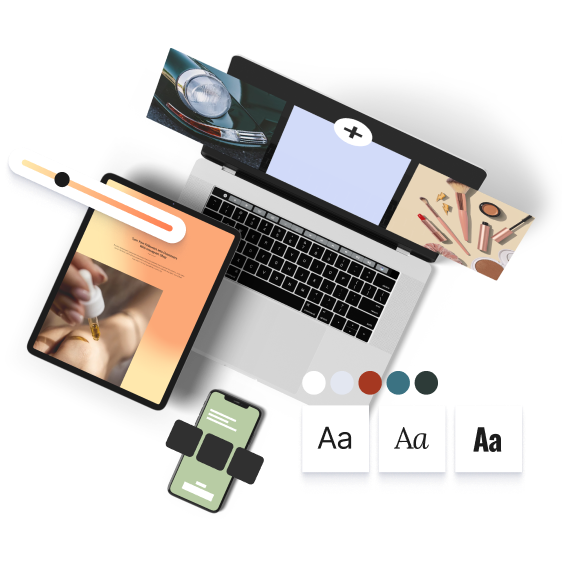 Kompozycja laptopa, tabletu i smartfona z projektami graficznymi i narzędziami edycji.