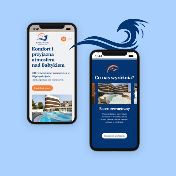 Zdjęcie przedstawia mobilny projekt graficzny strony internetowej dla apartamentów nadmorskich Baltic Waves Międzyzdroje