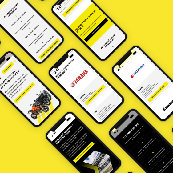 Grafika przedstawia wiele urządzeń mobilnych, które prezentują stronę internetową wyprzedaży motocykli z rocznika 2024 dla firmy Moto46 Szczecin