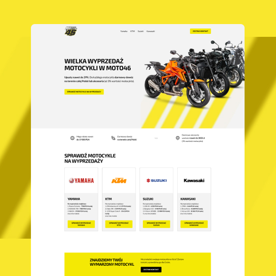 Grafika przedstawia projekt strony internetowej wyprzedaży motocykli z rocznika 2024 dla firmy Moto46 Szczecin